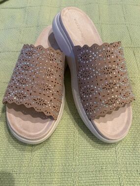 Easy Spirit Taupe Laser-Cut Slide Mules with Crystal Accents
